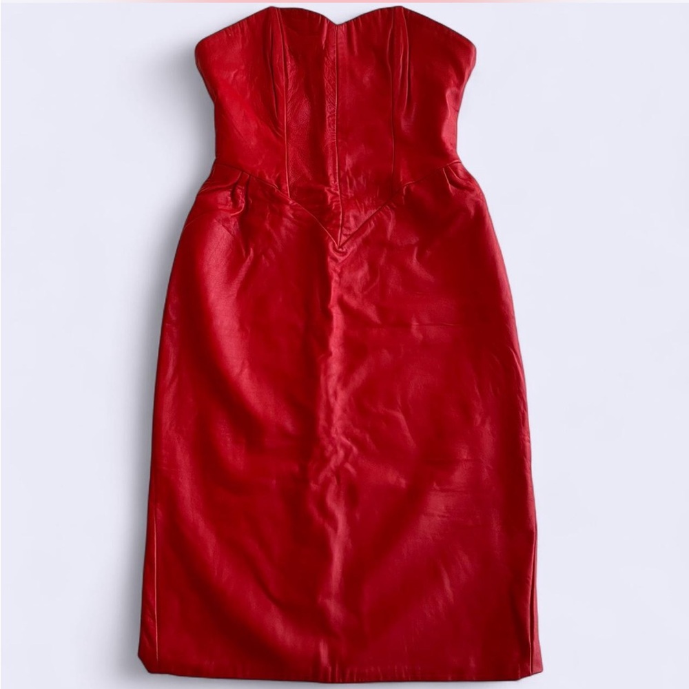 Vintage Genuine Leather Red Corset Strapless Dress Firenze Santa Barbara S
